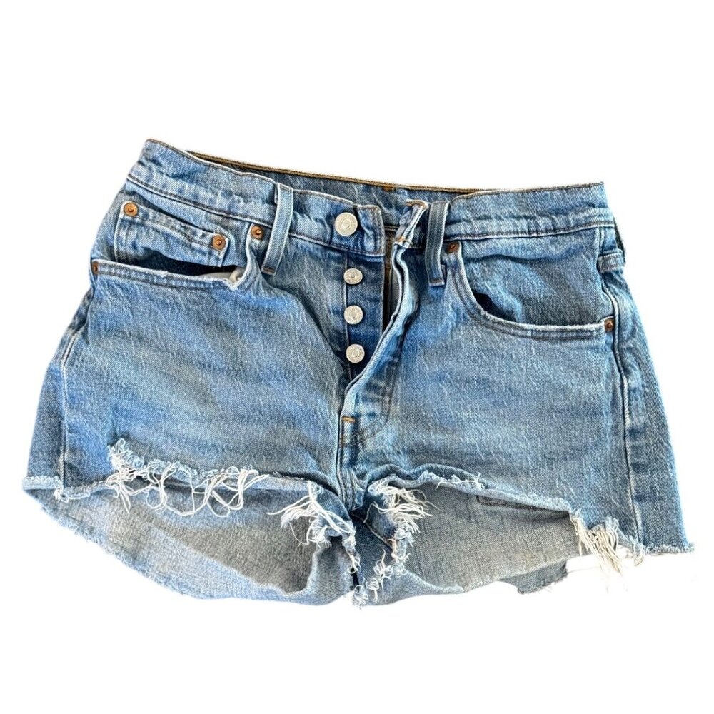 Levis 501 High Rise Distressed Denim Shorts Womens Size 27 Frayed Hem Light Wash